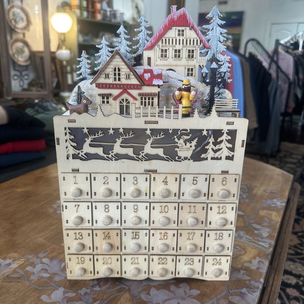Wooden Advent Calendar Battery Operated 24 drawer Christmas Holiday Works 14"